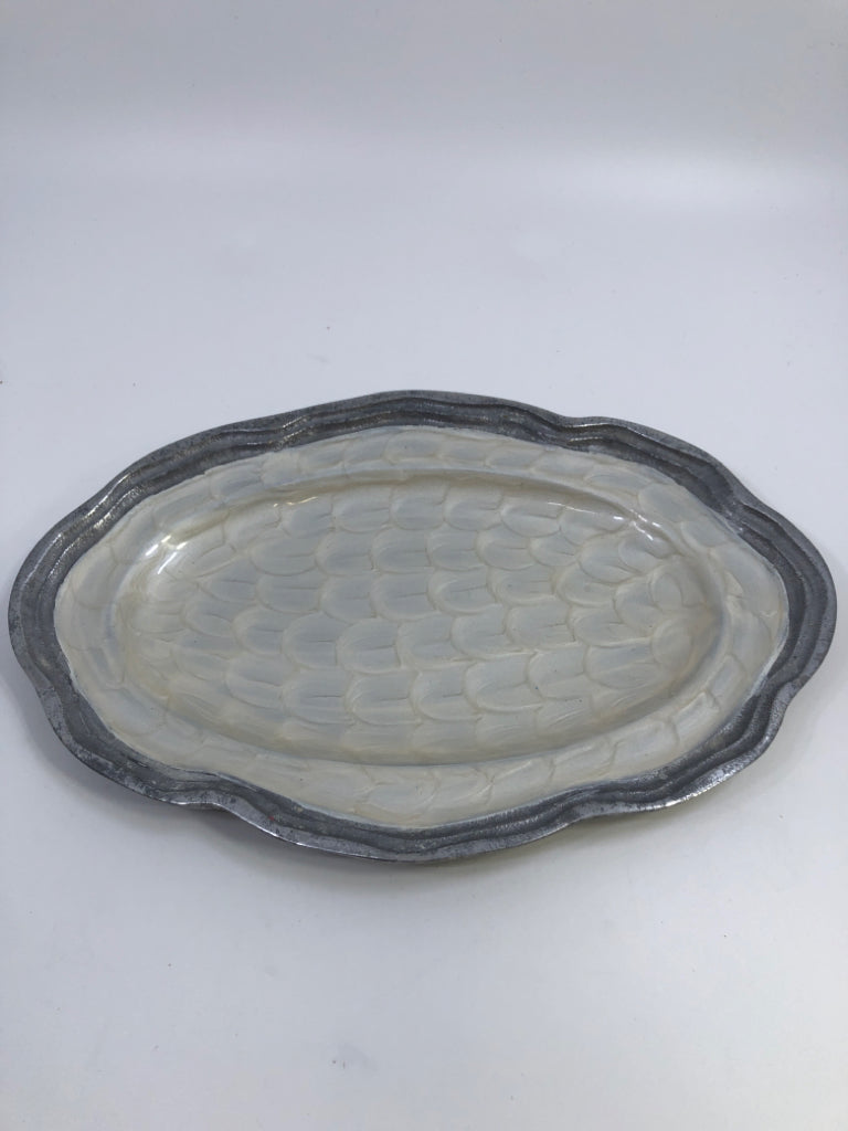 OVAL SILVER TRAY W/PEARLESCENT PAINTED INSIDE.