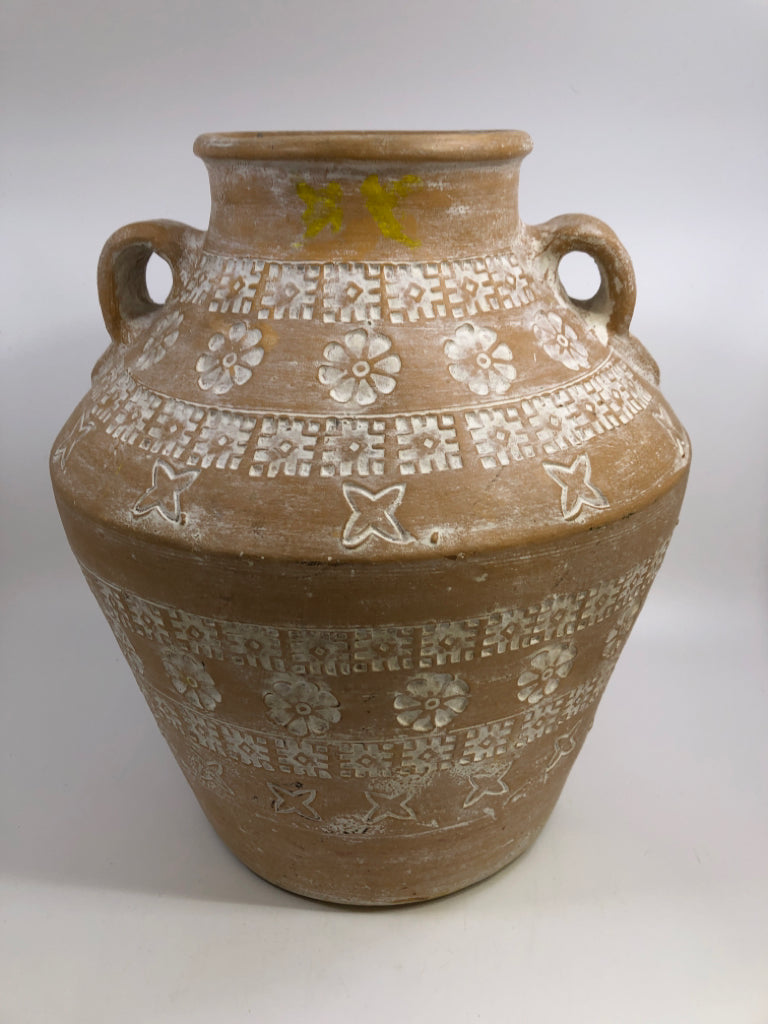CLAY JUG SHAPED VASE W/WHITE CARVED FLOWERS.