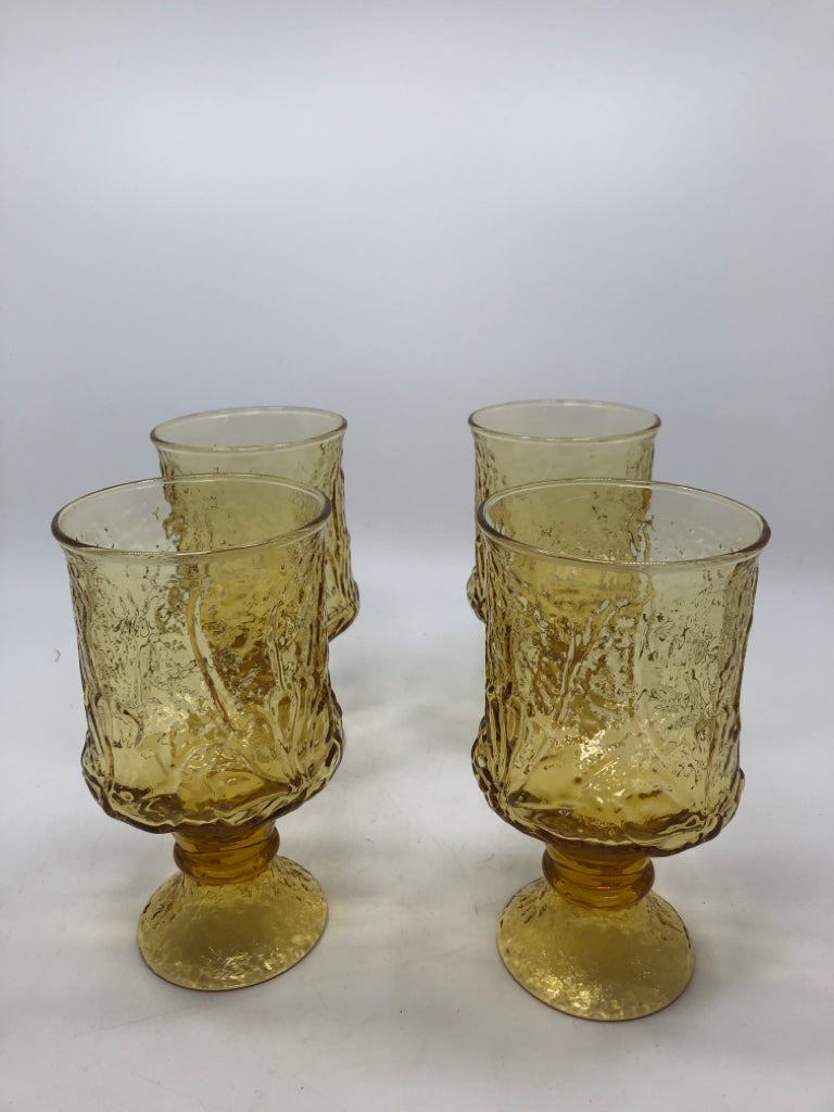 4 VTG AMBER GLASS FLORAL ETCHED GOBLETS.