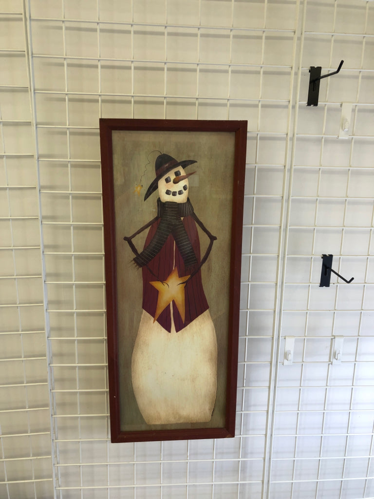 PRIMITIVE SNOWMAN HOLDING STAR WALL ART.