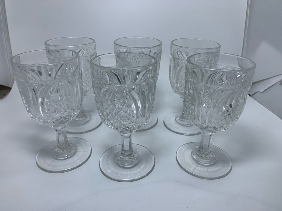 6 CUT CRYSTAL WINE GOBLETS.