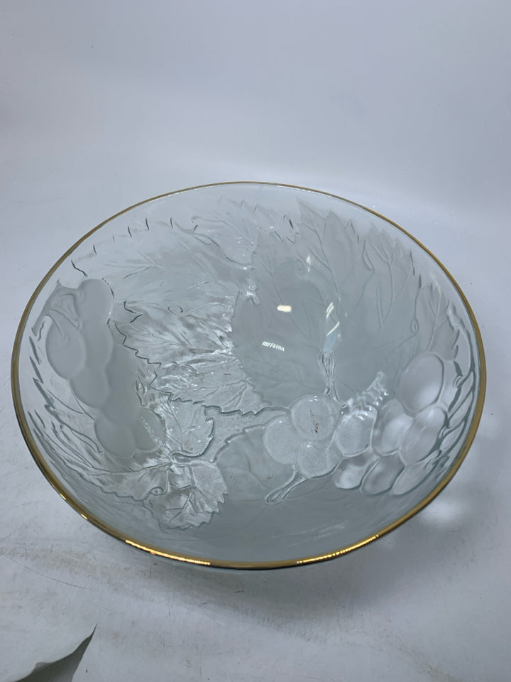 LARGE GLASS BOWL W/ EMBOSSED LEAVES & GRAPES GOLD EDGE.