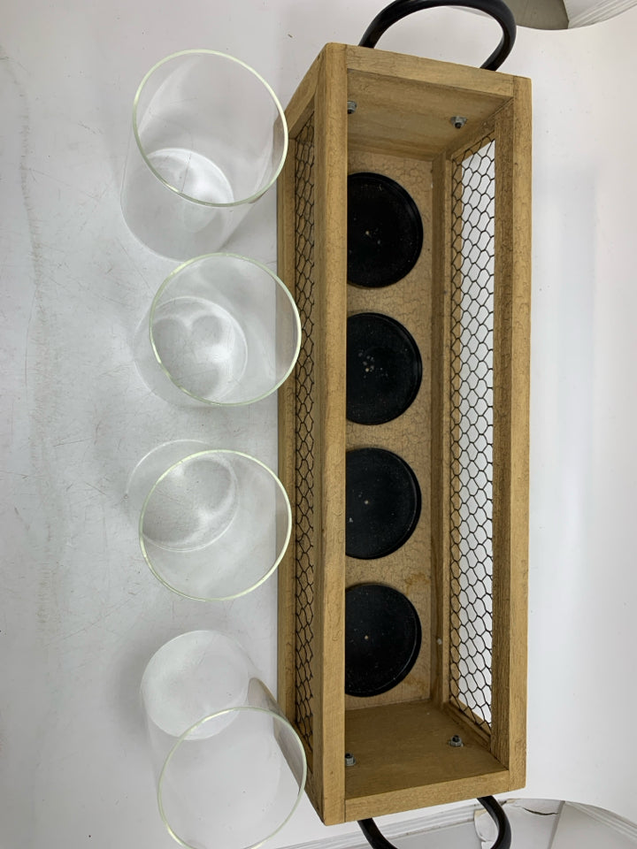 4 SLOT PILLAR CANDLE HOLDER GLASS INSERTS CHICKEN WIRE/WOOD & HANDLES.