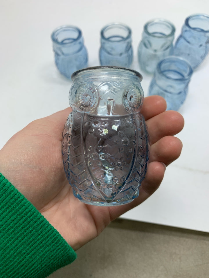 6 BLUE EMBOSSED OWL SHOT GLASSES.