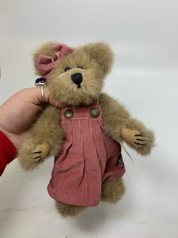 BROWN BOYDS BEAR IN PINK CORDUROY DRESS.