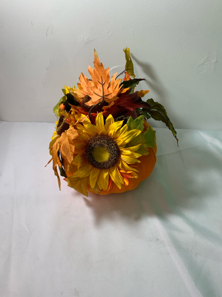 VELOUR ORANGE PUMPKIN W/ W/ FAUX FALL BOUQUET.