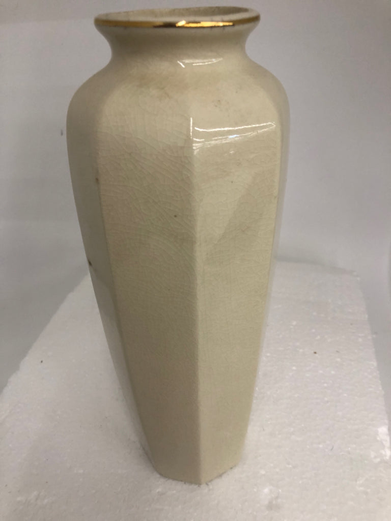 CREAM CRAZING VASE W/ COLORFUL BOUQUET OCTAGON SHAPE.