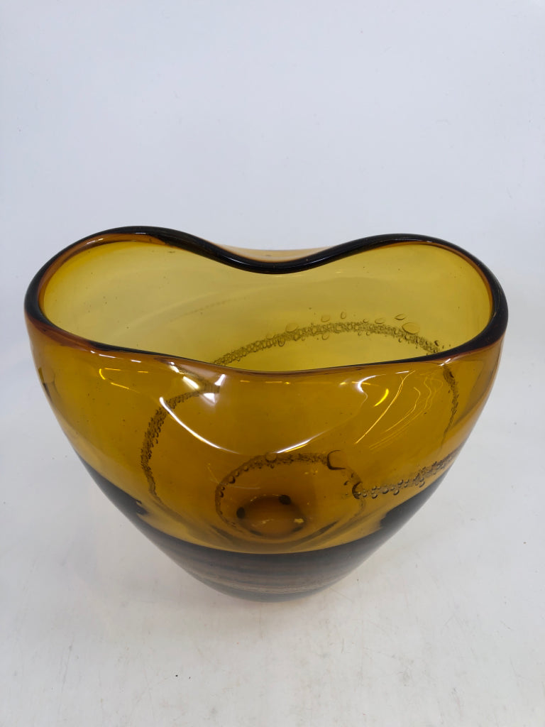 HEAVY BLOWN GLASS AMBER VASE W/ BUBBLES FOLDED NECK.