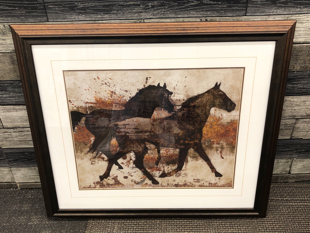 2 HORSE RUNNING WALL HANGING IN WOOD FRAME.