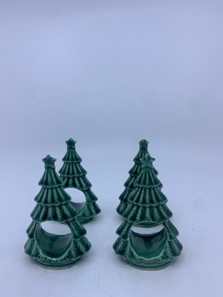 4 CERAMIC GREEN CHRISTMAS TREE NAPKIN RINGS.