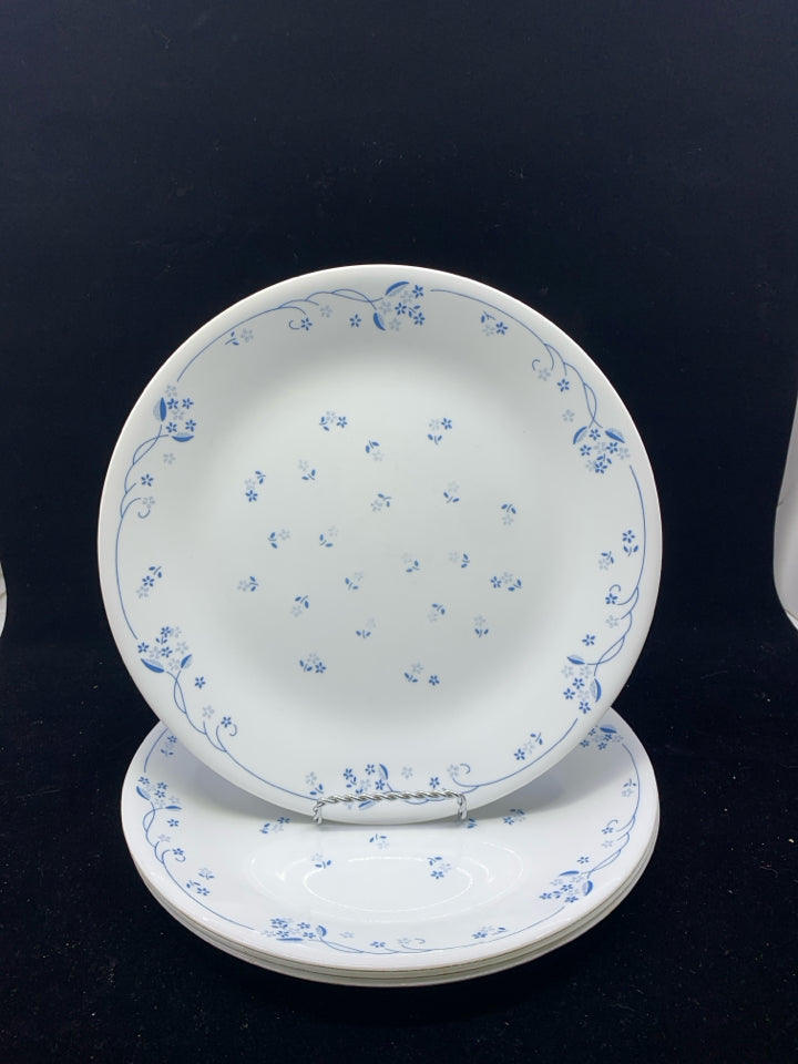 4 BLUE FLORAL CORELLE DINNER PLATES.