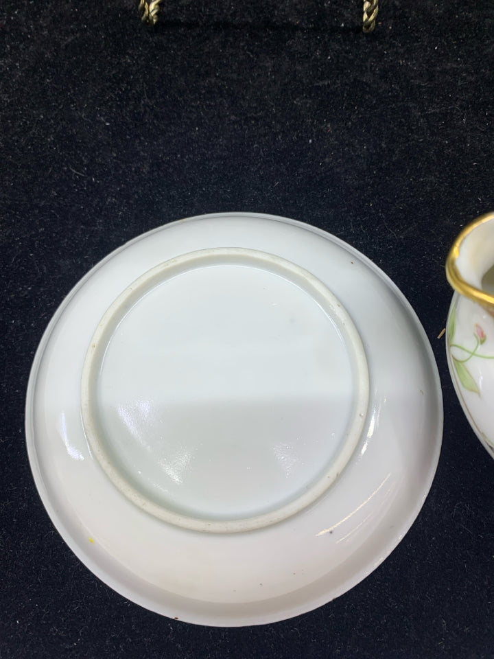 VTG 2PC PINK FLORAL AND GOLD ACCENT CREAMER AND PLATE.
