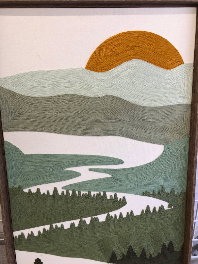EMBROIDERED LANDSCAPE SCENE WALL ART.