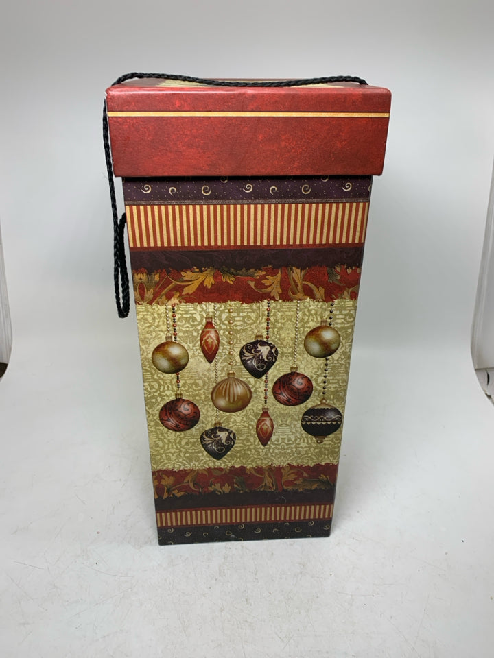 PRIMITIVE STYLE WINE GIFT BOX W/ HANGING ORNAMENTS.