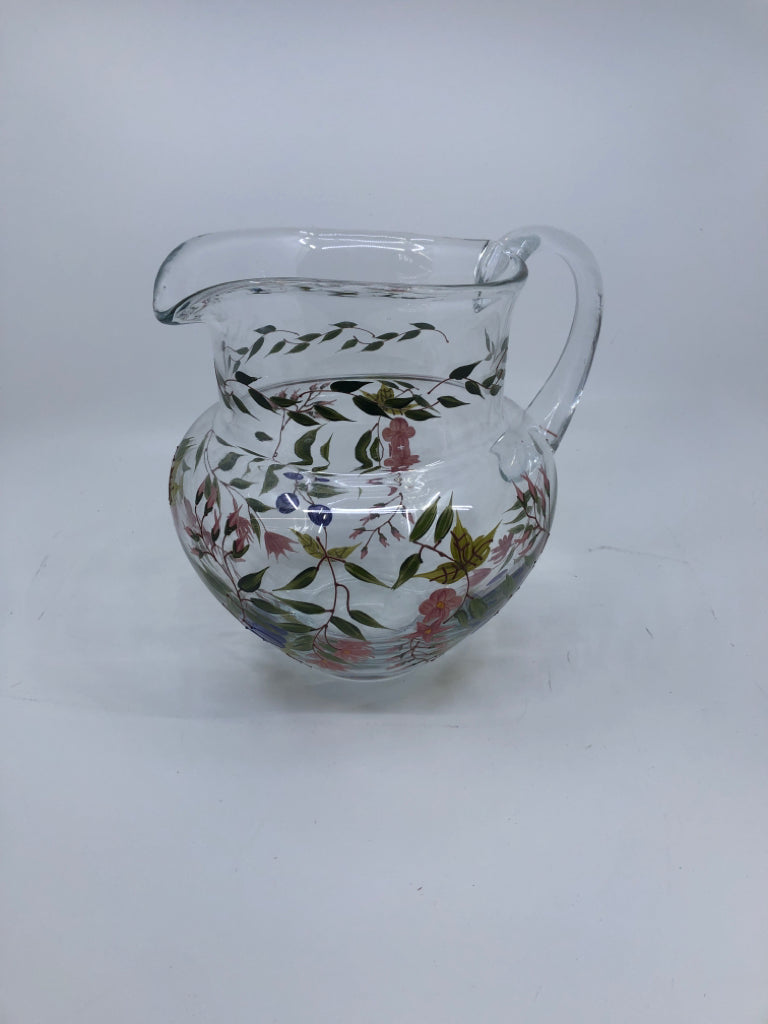 PINK FLOWERS GLASS PITCHER.