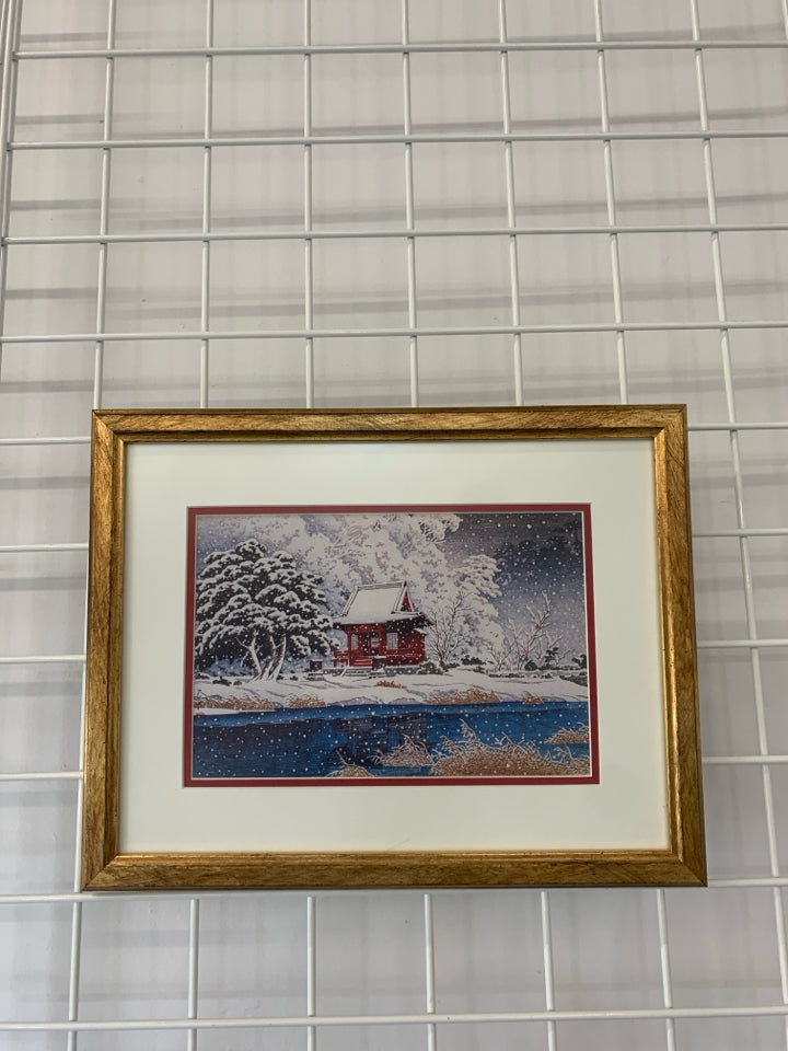 WINTER SCENE W RED HOUSE IN GOLD FRAME.