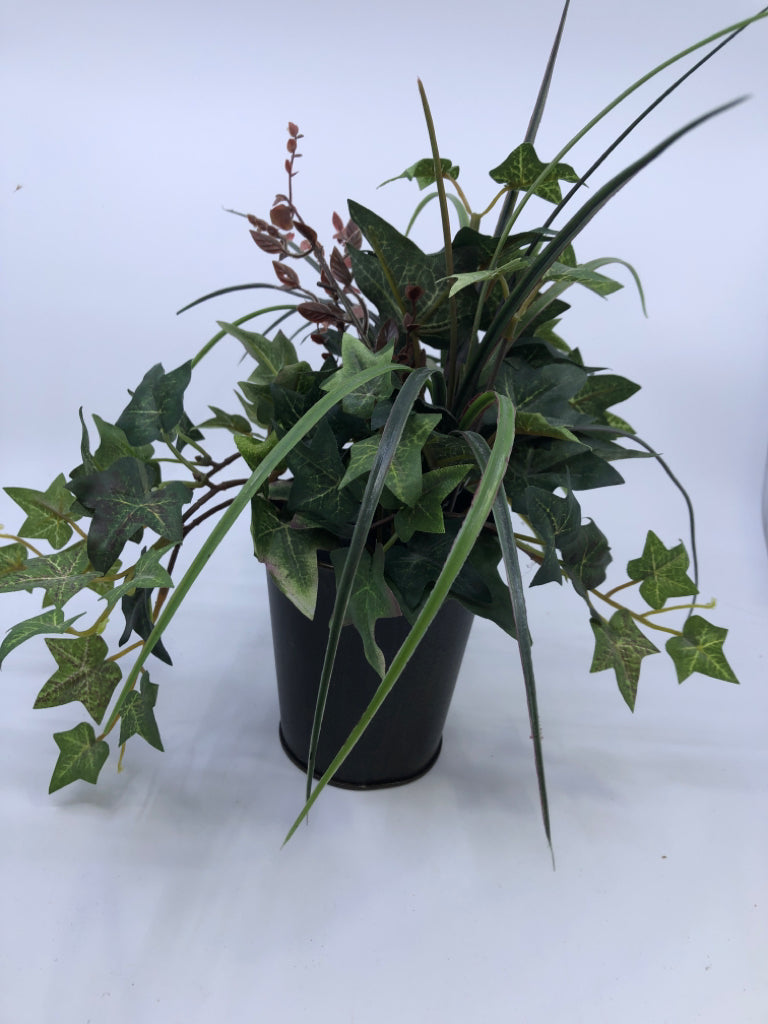 FAUX IVY IN METAL PLANTER.