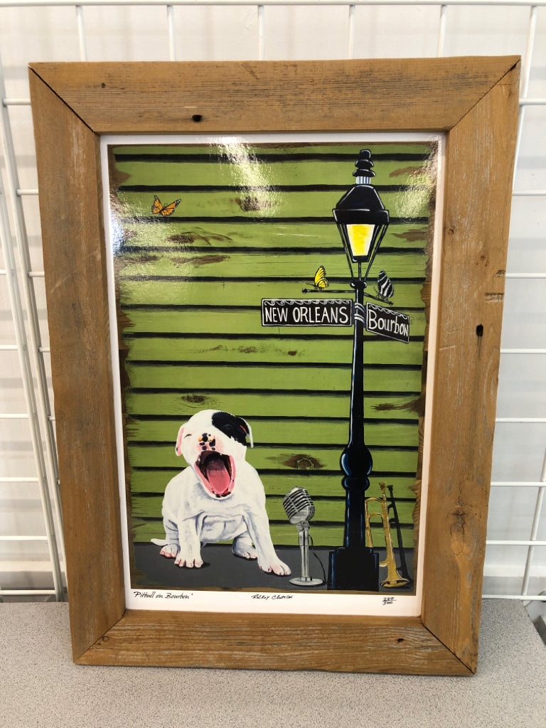 PITBULL ON BOURBON FRAMED PRINT- KATRINA ART.