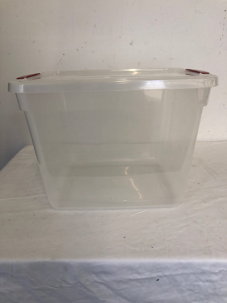 CLEAR RUBBERMAID STORAGE BIN W/LOCKING RED HANDLES.