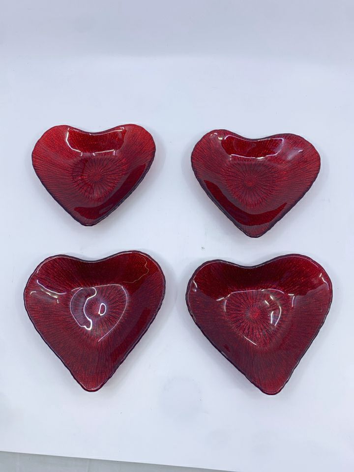 4 DARK RED SPARKLES HEART SHAPED BOWLS.