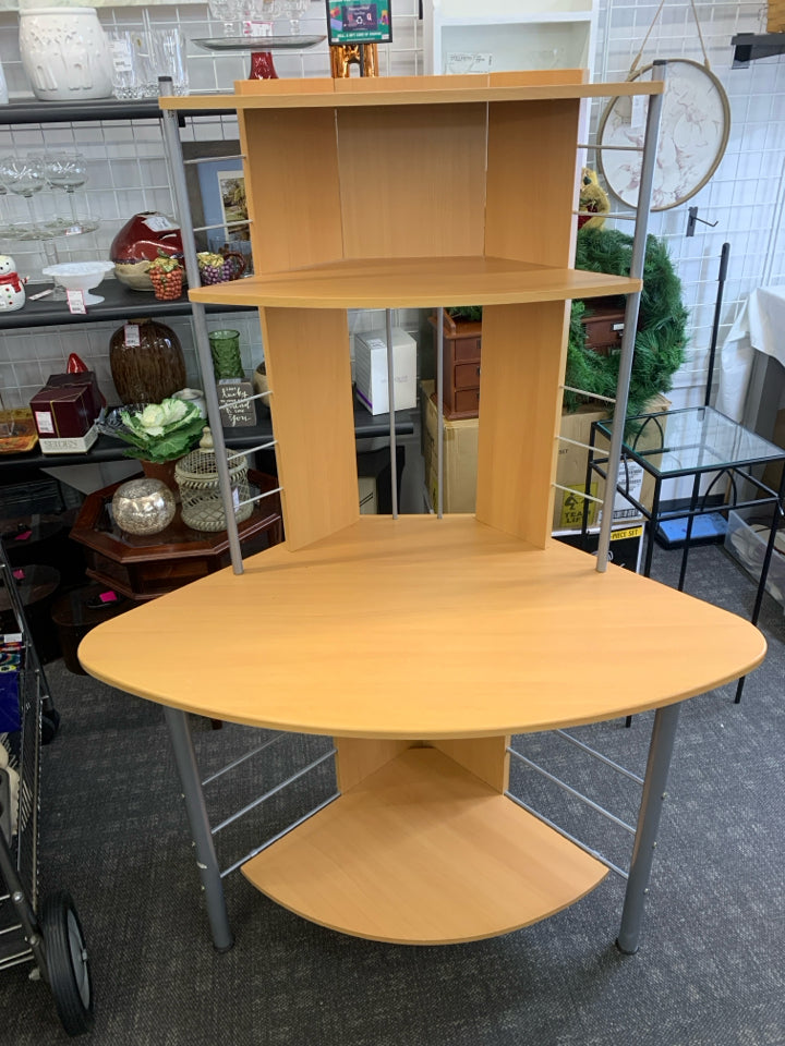 BLONDE CORNER DESK W 3 SHELVES.