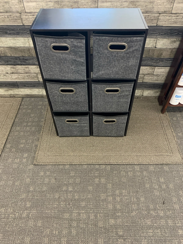 6 CUBE SHELF WITH FABRIC BINS.