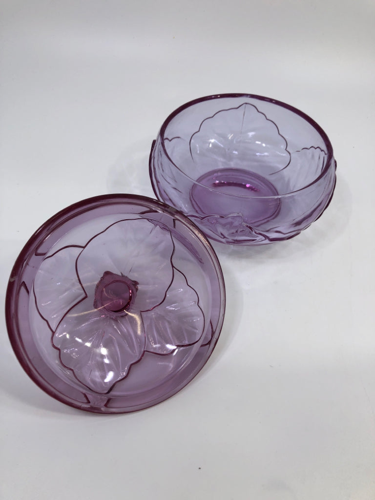 PURPLE GLASS CONTAINER W/LID & EMBOSSED LEAVES.
