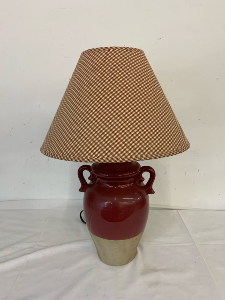 PRIMITIVE RED TAN JUG LAMP W RED SHADE.