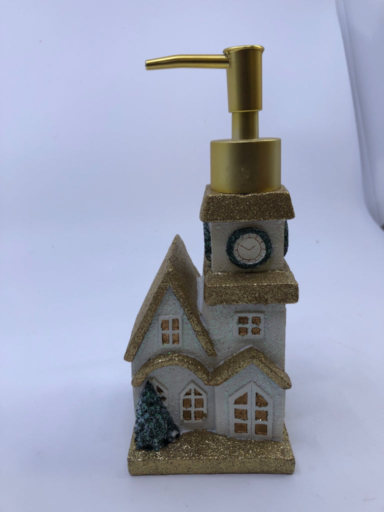 GOLD AND WHITE GLITTER COTTAGE SOAP DISPENSER.
