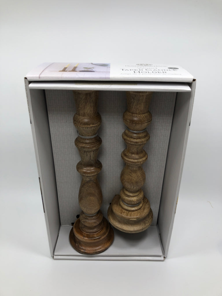 2 NIB WOOD TABLE CANDLE HOLDERS.