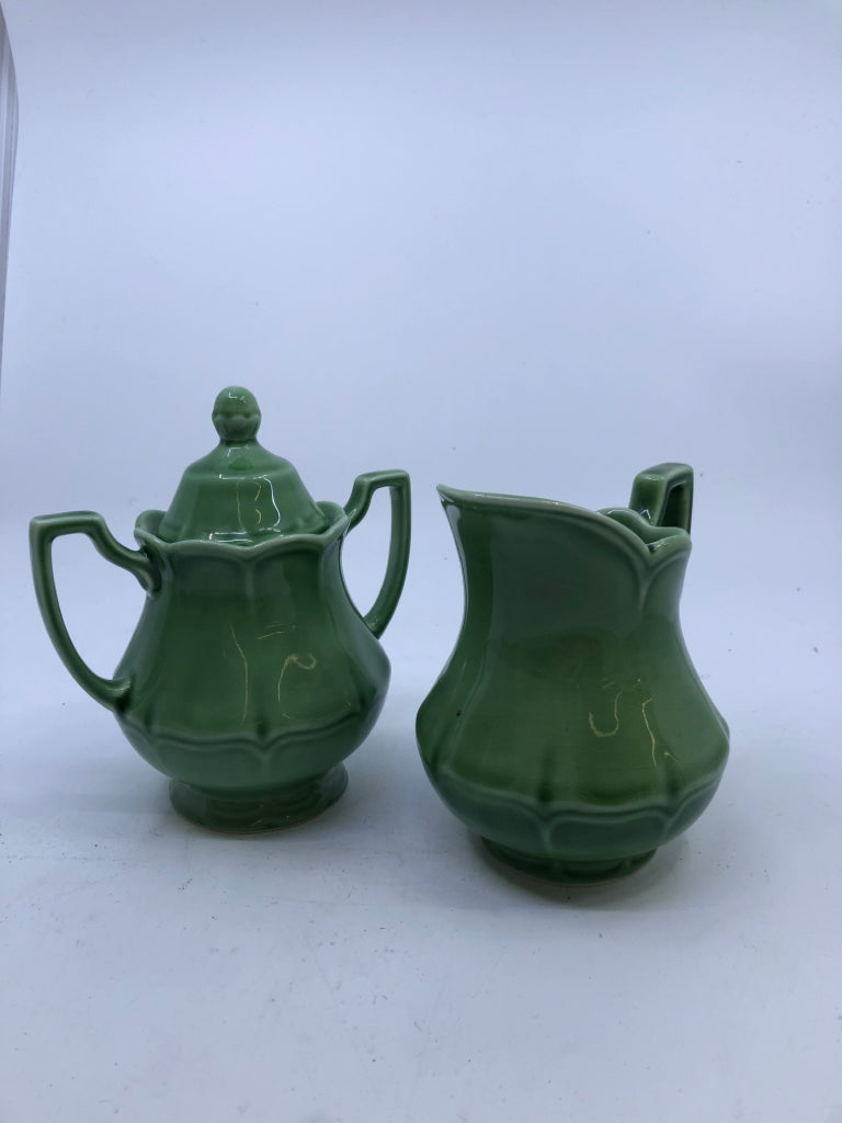GREEN ROYAL STAFFORDSHIRE SUGAR AND CREAMER SET.