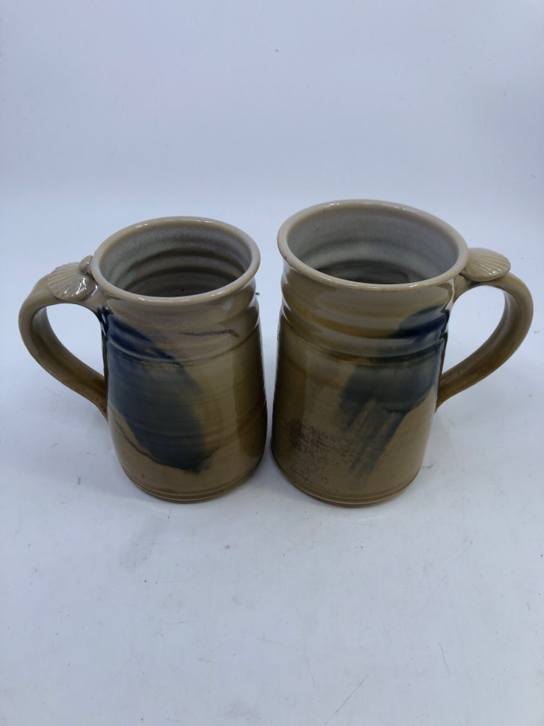 2 YELLOW + BLUE POTTERY GLAZE MUGS.