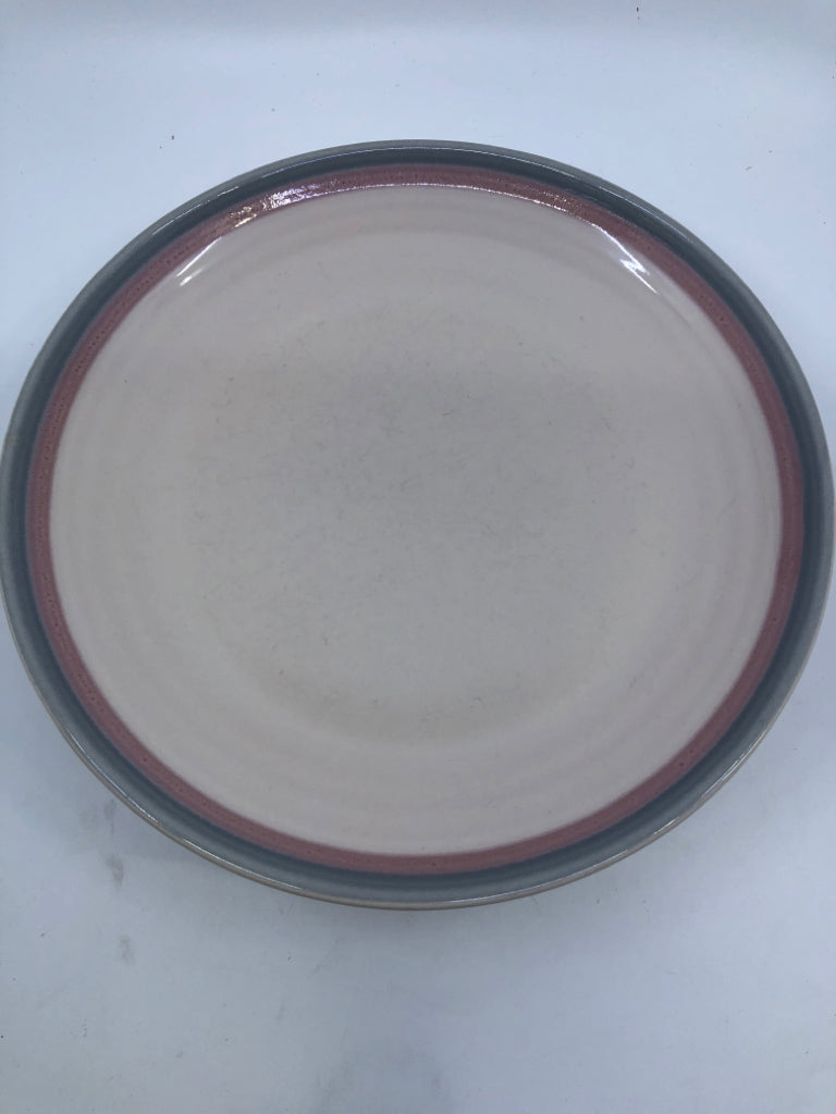 4 GREY AND PINK STRIPE DINNER PLATES.