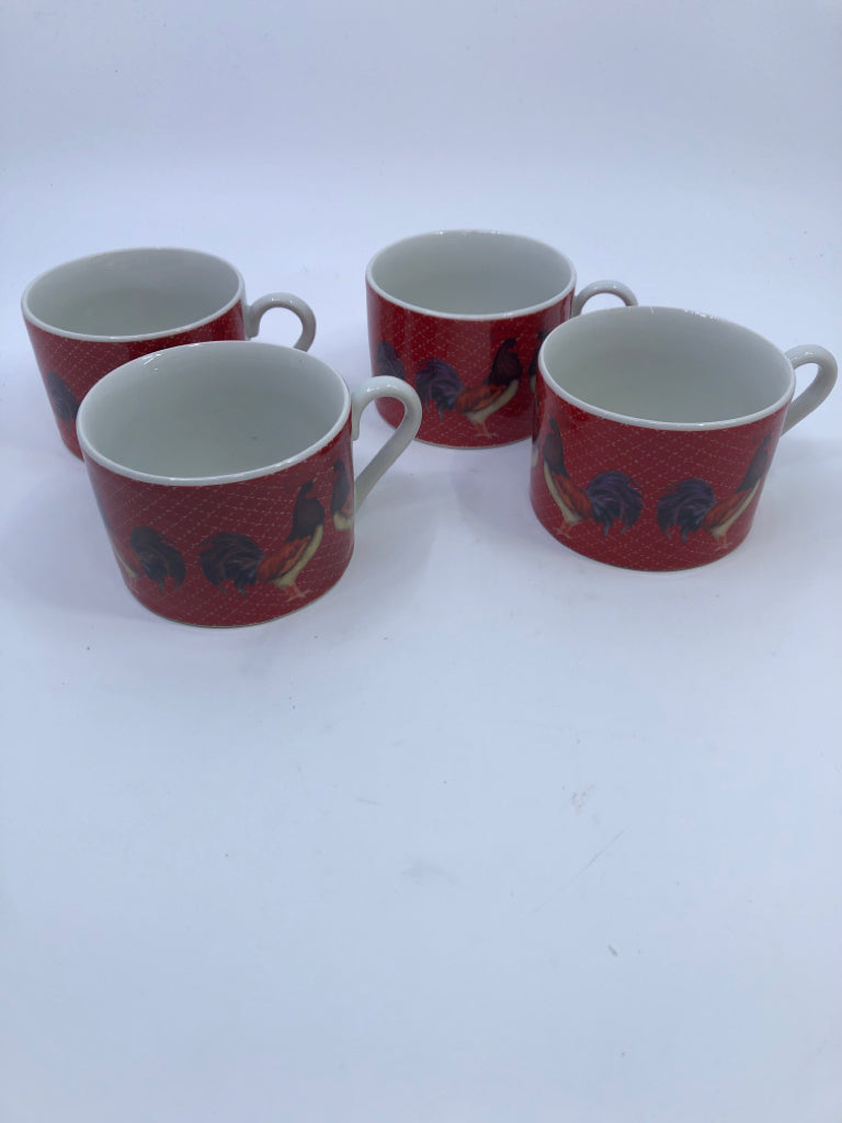 4 SHALLOW RED ROOSTER MUGS.