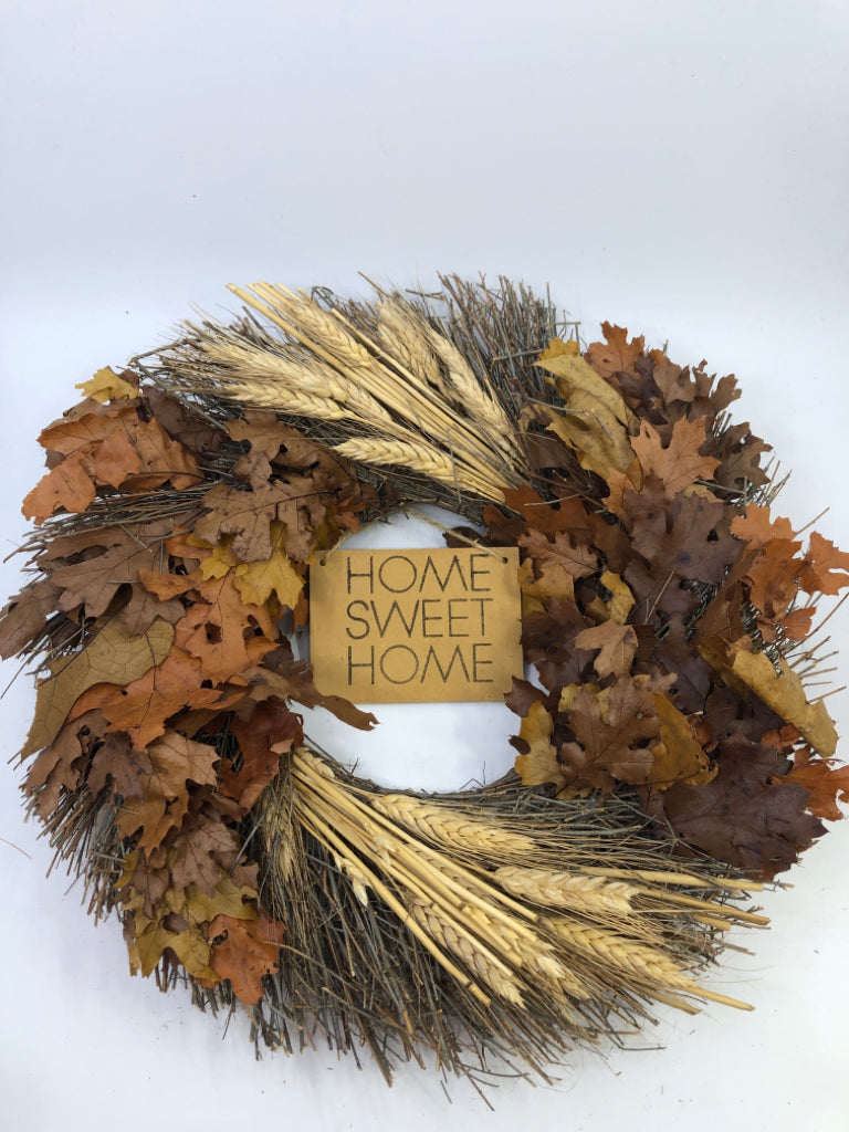 STICK WREATH W/ LEAVES/WHEAT HOME SWEET HOME.