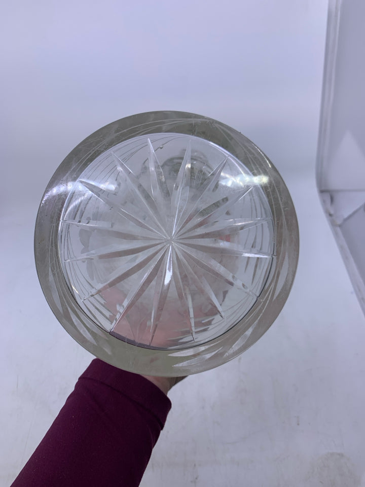 HEAVY GLASS LARGE PITCHER W/ ETCHED FLOWERS.