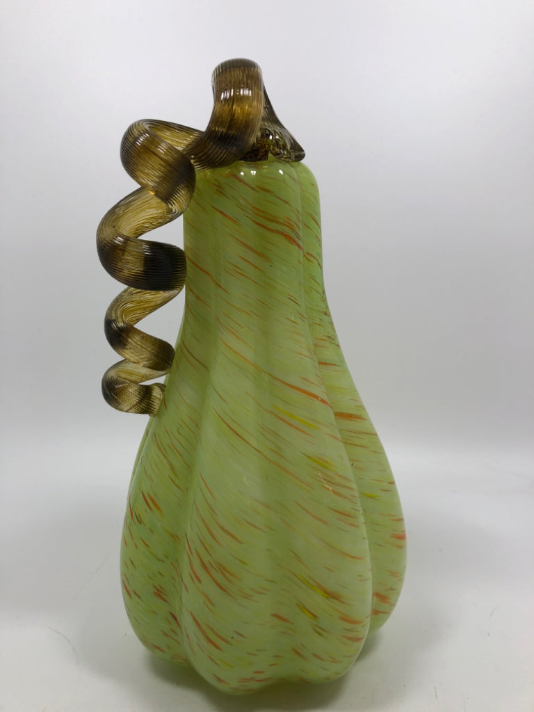 GREEN BLOWN GLASS PUMPKIN.
