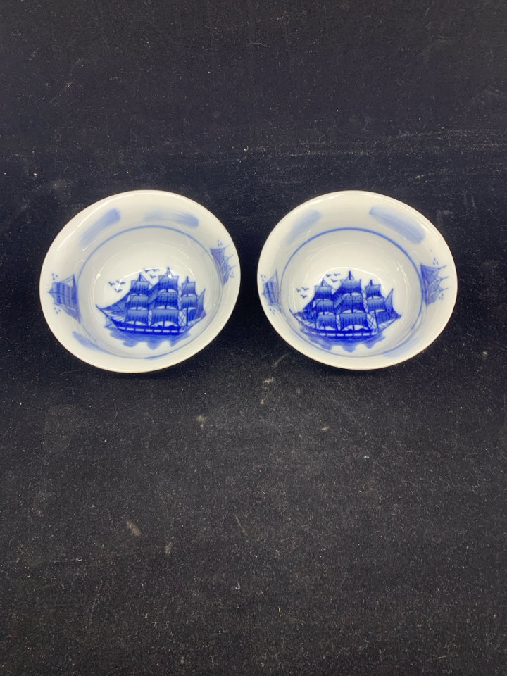 2 BLUE AND WHITE SHIP NUT BOWLS.