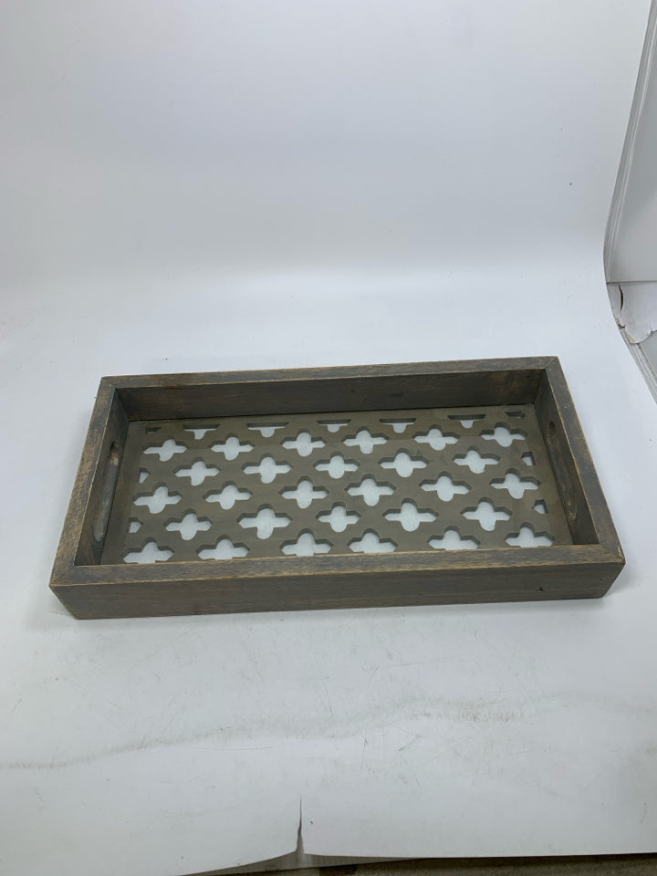 GREY DISTRESSED TRAY W/ SLOTTED GLASS BOTTLE W/ GLASS INSERT.