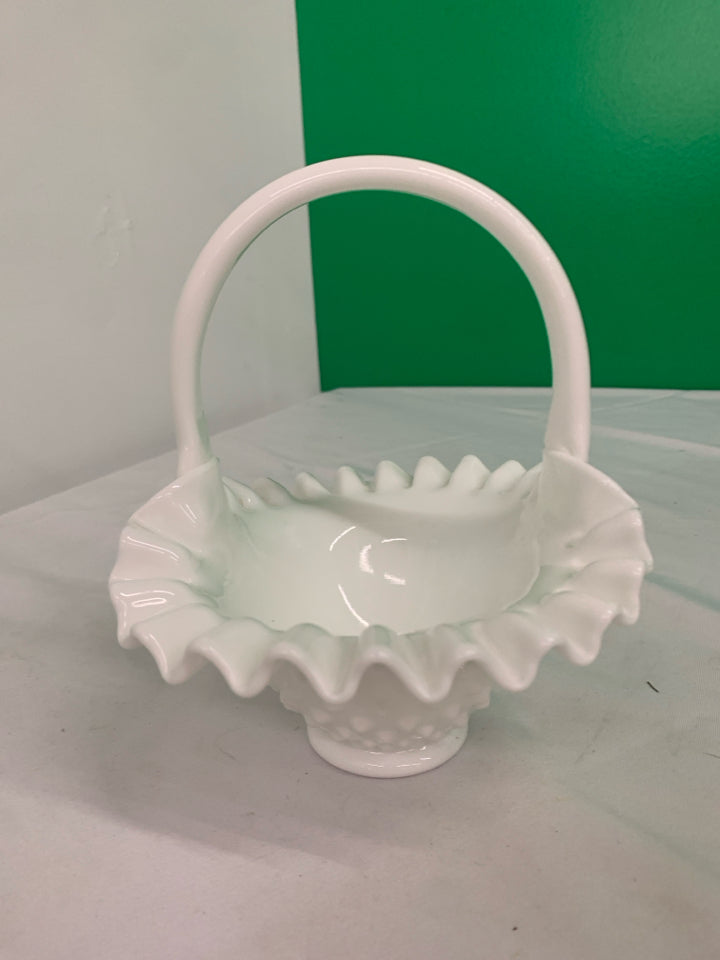 WHITE MILK GLASS HOBBNAILED RUFFLED EDGES BASKET.