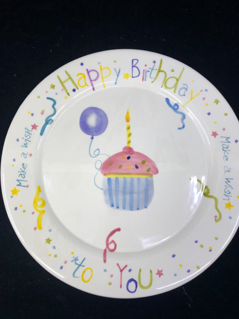 PAINTED HAPPY BIRTHDAY ROUND PLATE W CUPCAKE.