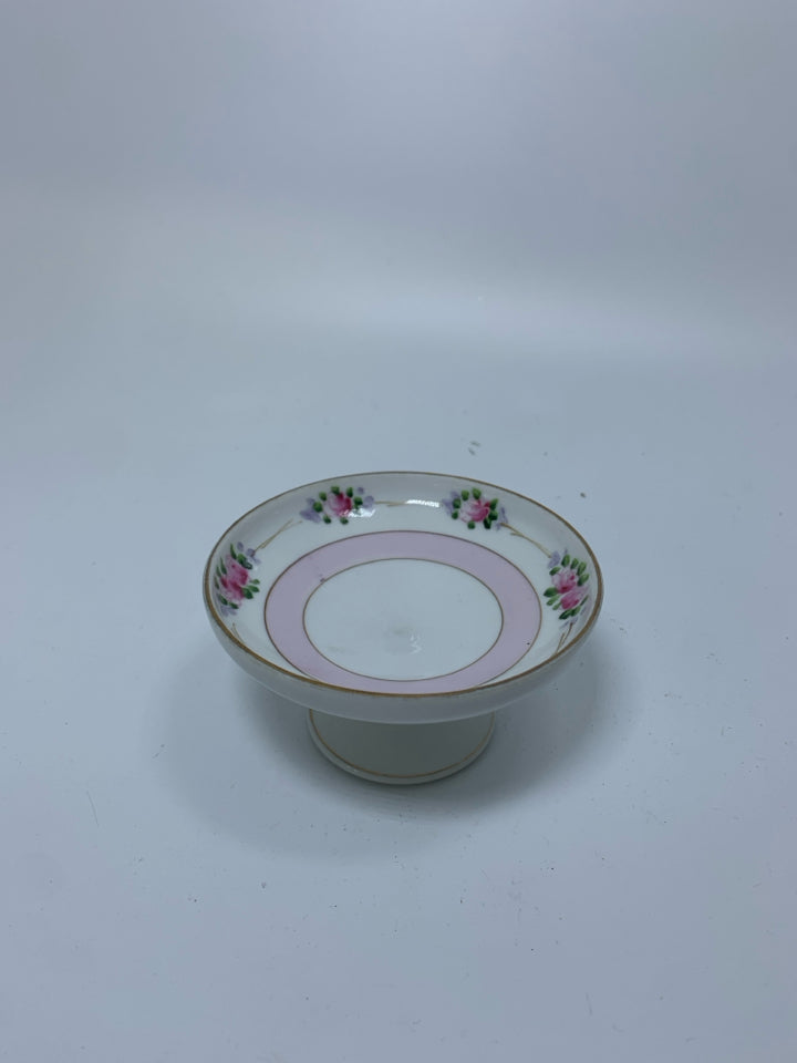 FOOTED MINI CAKE STAND RING CATCH PINK BAND/FLOWERS.