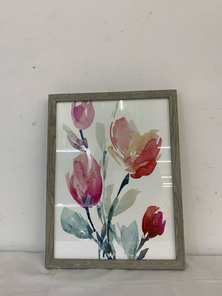 PINK FLORAL IN GREY WHITE WASHED FRAME WALL ART.