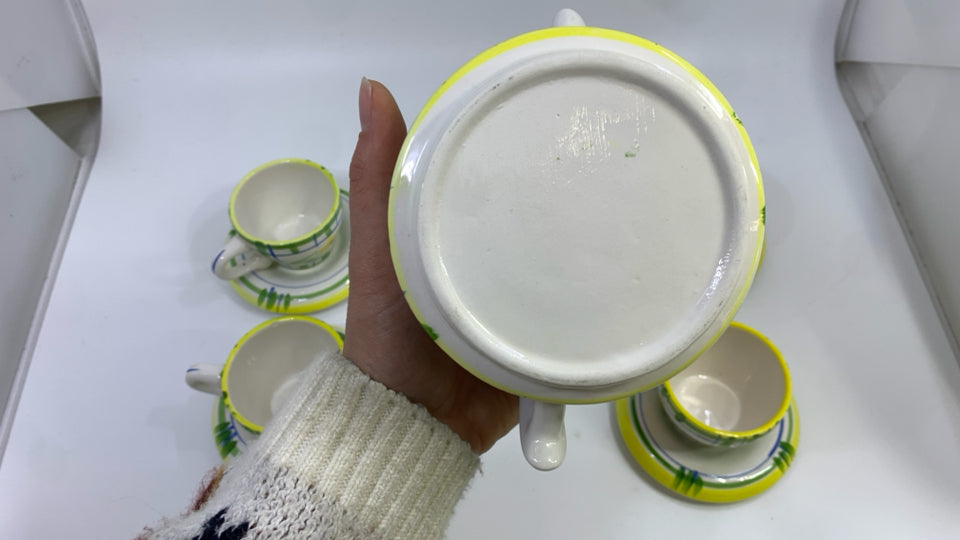 9PC YELLOW FLOWER/GREEN STRIPE TEAPOT AND CUP SET.