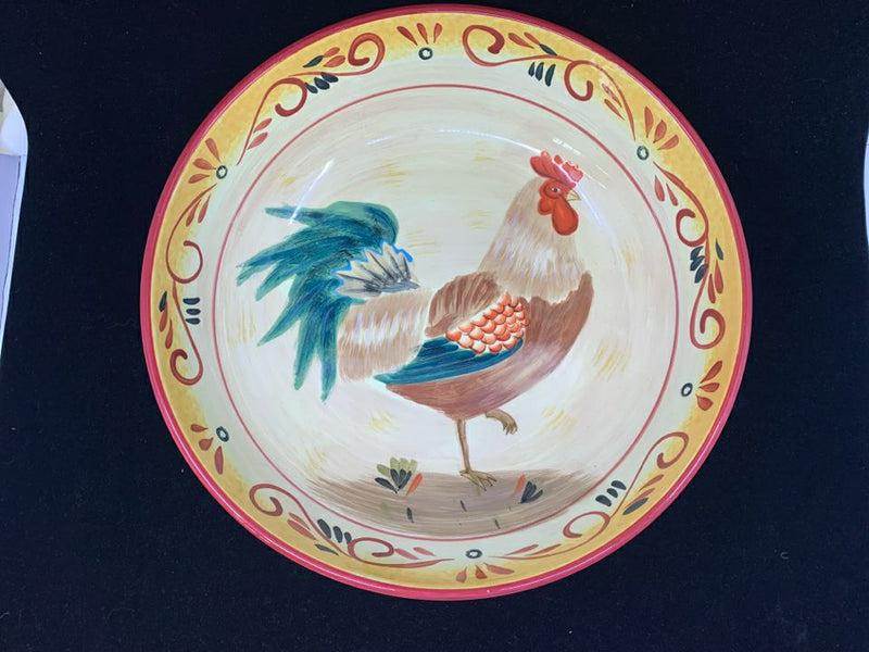LARGE ROOSTER SERVING BOWL W/ RED DETAIL.