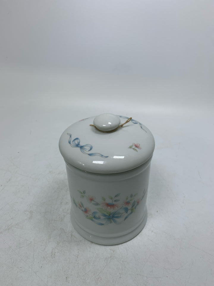 SMALL PORCELAIN CANISTER W/ PAINTED FLOWERS/BOWS.