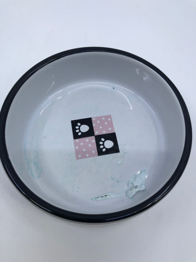 BLACK AND PINK PAW PRINT PET DISH.