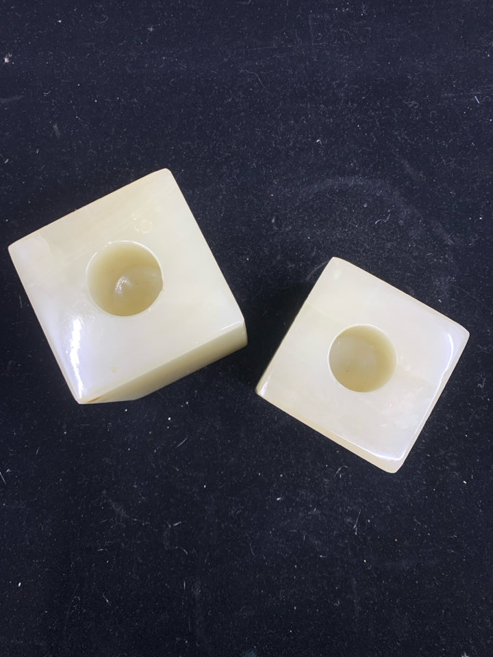 2 HEAVY MARBLE SQUARE TAPER CANDLE HOLDERS.