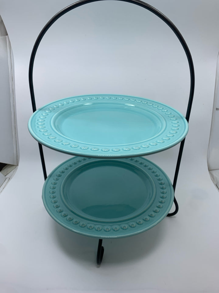 2 TIER METAL SERVING STAND W/TEAL BUBBLE EMBOSSED PLATES.