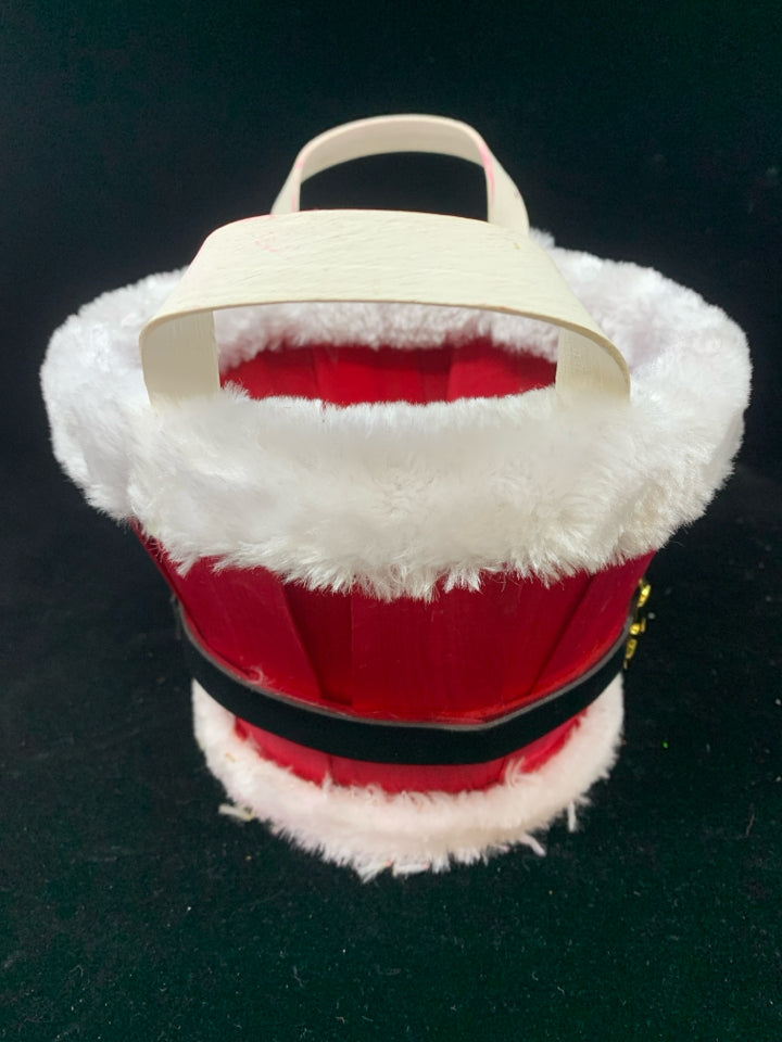 WOODEN SANTA BUCKET W/WHITE PLUSH RIM & BUCKLE.